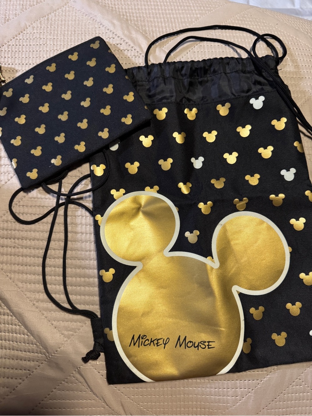 Mickey Mouse Black Drawstring Backpack and pouch with Gold Print